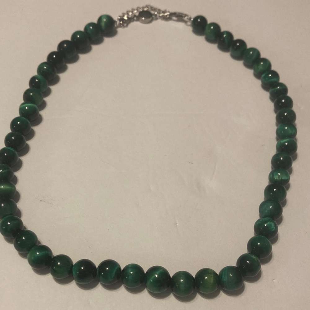 sterling silver malachite bead necklace  10mm Beads 19.5 Inches Beaded Necklace